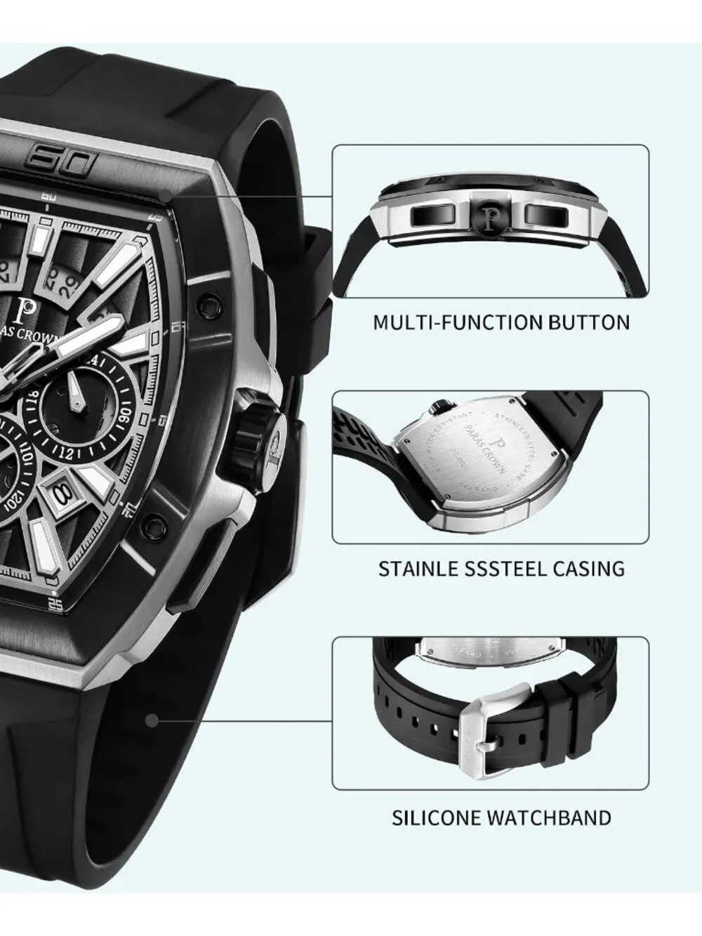 Men's Silver Fashion 5ATM Waterproof Quartz Luxury Chronograph Analog Watch